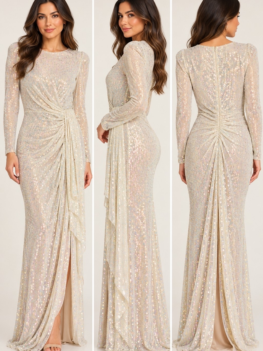 Mac Duggal Champagne Sequin Draped Long Sleeve Maxi Gown